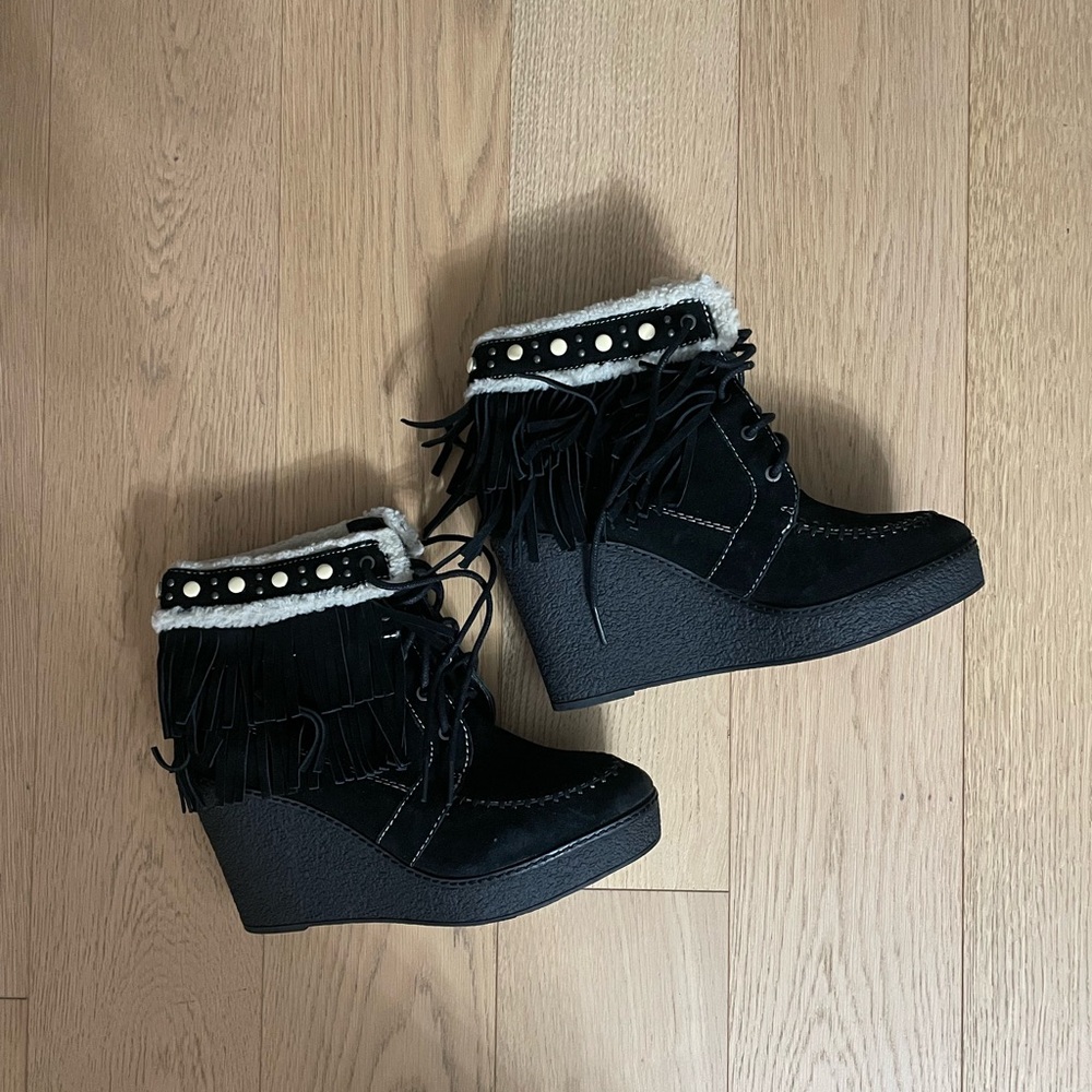 Sam Edelman Black Faux Fur Fringe Wedge Ankle Boots (Booties)